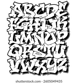 Alphabet graffiti vector alphabetical font A-Z. Street alphabet in hip-hop graffiti style, hand drawn. Vector graffiti alphabet on white background 10eps