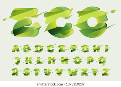 Alphabet with green diagonal stripes, leaves and waves. Vector font perfect to use in agriculture logo, herbal cards, nature posters, vegan identity, etc.