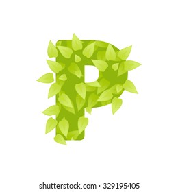 Alphabet of green grass on white background. Grass abc font. Vector illustration of letter P of green leaves. Letter of grass alphabet. Font P uppercase  with grass texture