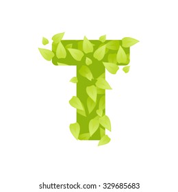 Alphabet of green grass on white background. Grass font letter. Vector illustration of letter T of green leaves. Lettering of grass alphabet. Typography font with grass texture