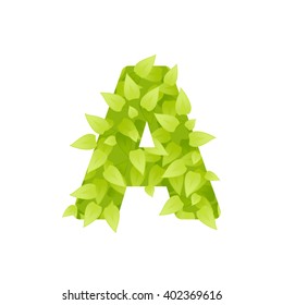 Alphabet of green grass on white background. Grass abc font. Vector illustration of letter A consisting of green leaves. Letter of grass alphabet. Letter - A uppercase  with grass texture