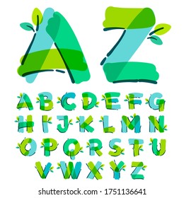 Alphabet With Green Leaf Handwritten With A Felt-tip Pen. Vector Bold Marker Font Can Be Used For Nature Labels, Summer Headlines, Bio Posters, Ecology Cards Etc.