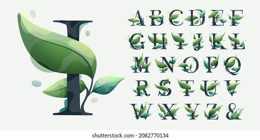 Alphabet with green leaves in clear vector watercolor style. Serif sans font for luxury emblem, botanical identity, ecology projects, wedding invitations.