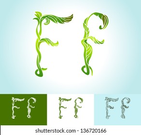 Alphabet of green leaves, creative vector, beautiful, hand-drawn vintage style art, bright and colored, ornamental foliage and outline options for decoration and design (F)