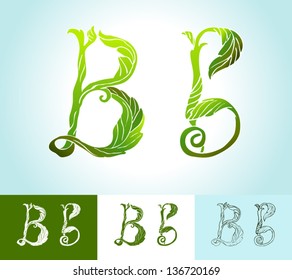 Alphabet of green leaves, creative vector, beautiful, hand-drawn vintage style art, bright and colored, ornamental foliage and outline options for decoration and design (B)