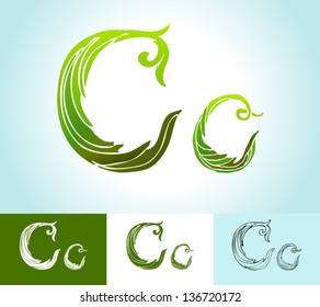 Alphabet of green leaves, creative vector, beautiful, hand-drawn vintage style art, bright and colored, ornamental foliage and outline options for decoration and design (C)