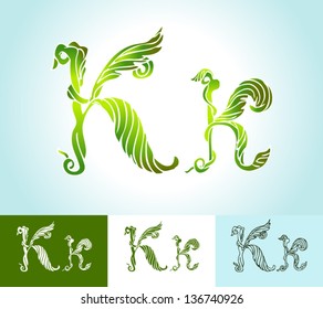 Alphabet of green leaves, creative vector, beautiful, hand-drawn vintage style art, bright and colored, ornamental foliage and outline options for decoration and design (K)