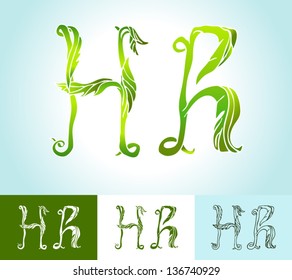 Alphabet of green leaves, creative vector, beautiful, hand-drawn vintage style art, bright and colored, ornamental foliage and outline options for decoration and design (H)