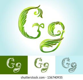 Alphabet of green leaves, creative vector, beautiful, hand-drawn vintage style art, bright and colored, ornamental foliage and outline options for decoration and design ( G )