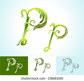 Alphabet of green leaves, creative vector, beautiful, hand-drawn vintage style art, bright and colored, ornamental foliage and outline options for decoration and design (p)