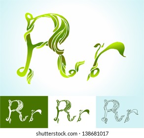 Alphabet of green leaves, creative vector, beautiful, hand-drawn vintage style art, bright and colored, ornamental foliage and outline options for decoration and design (r)