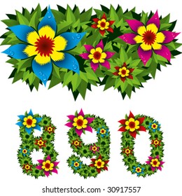 alphabet from green leaves and flowers isolated on white backgrounds