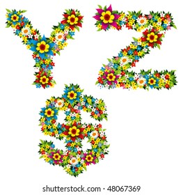alphabet from green leaves and flowers isolated on white backgrounds