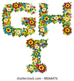alphabet from green leaves and flowers isolated on white backgrounds
