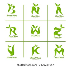 Alphabet with green leaves set collection template