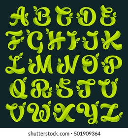 Alphabet with green leaves. Vector ecology elements for web, t-shirts and cards.