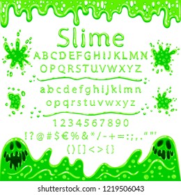 Alphabet from green slime. Two scary monsters. Flowing viscous mucus. Light green letters with gloss. The font for Halloween and etc. Color fill isn't the gradient. Vector illustration. EPS 8.