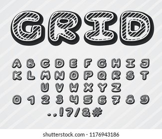 Alphabet grid design. Typeface clip art. Uppercase letters, numbers and punctuation marks. Font vector typography 3D effect. Hand drawn. EPS10