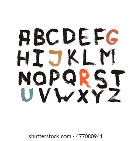 Alphabet grunge letters. Hand drawn ink illustration. Typographical characters