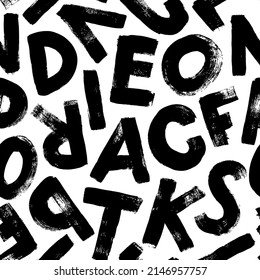 Alphabet grunge letters style seamless pattern. Vector hand drawn background with letters stamps. Typography ink elements. Black and white brush strokes, paint smears alphabet ornament.