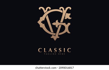 Alphabet GV or VG illustration monogram vector logo template in classic royal color and black background