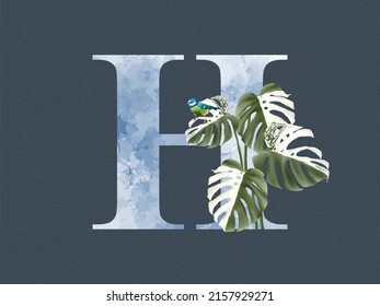 Alphabet H with floral tropical watercolor