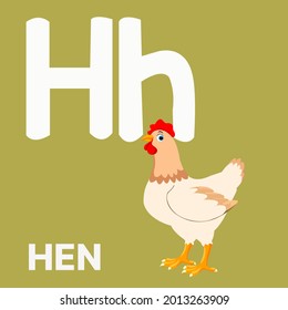 Alphabet H, H for hen. Vector illustration of educational alphabet card cartoon character for kids.