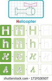 Alphabet H learning letter set practice with helicopter for kids worksheet write isolated background. Vector illustration