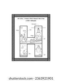 Alphabet H Letter Coloring Page with Cartoon Vocabulary Learning Worksheet for Preschool, Kindergarten, and Kids Ages 3-5. H Letter Illustration. Alphabet Coloring Page is perfect gift for children.