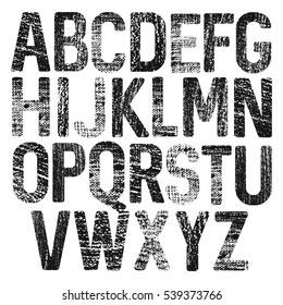 Alphabet hand drawing letters pencil and canvas strokes texture set.