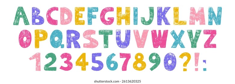 Alphabet hand drawn with childrens crayons pencils with textured effect. Font with letters and numbers. Vector ABC for educational banners, school, kindergarten