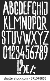 Alphabet hand drawn graphic paint art brush texture letters and numbers white on black set