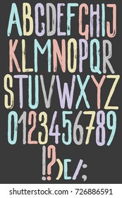 Alphabet hand drawn graphic paint brush texture letters and numbers pastel color on black