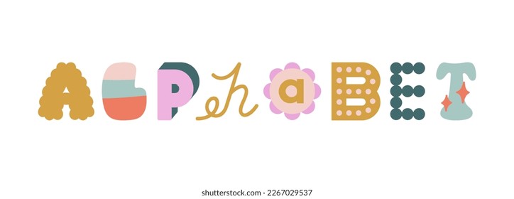 Alphabet hand drawn lettering. Preschool education, alphabet concept. Can be used in social media, web design. For posters, banners, greeting card design. Cute vector illustration in pastel colors.