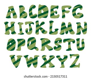 Alphabet. Hand drawn alphabet letters. Cartoon green military camouflage word color style font design, colorful childish alphabet, letters vector illustration on white.