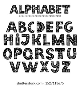 Alphabet hand drawn letters in folk style. Scandinavian Style Font. Ornate black font, typography set. Bold type capital letters with ethnic decorative brach, leaves, flowers. 