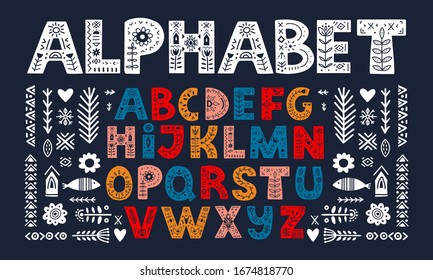 Alphabet hand drawn letters in folk style. Scandinavian Style Font. Ornate black, color font, typography set. Bold type capital letters with ethnic decorative brach, leaves, flowers. 