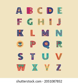 Alphabet hand drawn letters in folk style. ABC with floral ornament. Color font, typography set. Bold type capital letters with ethnic decorative leaves, flowers. Isolated symbols