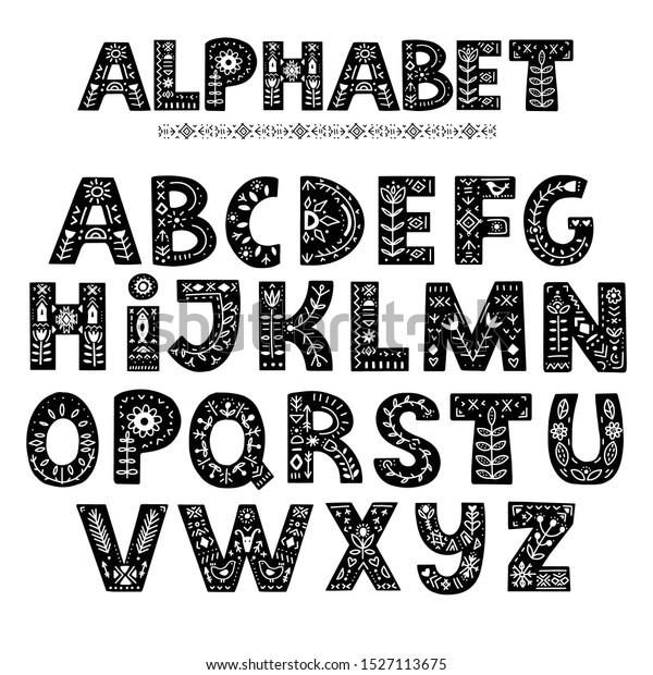 民族文体のアルファベットの手書きの文字 北欧スタイルのフォント 鮮やかな黒いフォント タイポグラフィセット 民族的な装飾的なブラッチ 葉 花 を持つ太字の大文字 のベクター画像素材 ロイヤリティフリー