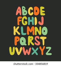 Alphabet. Hand drawn letters isolated on dark background. Colorful vector illustration. Design elements for scrapbooking.