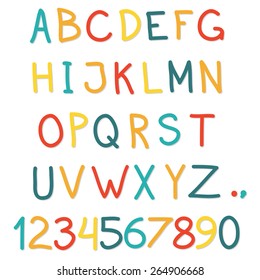 Alphabet. Hand drawn letters and numbers isolated on white background. Colorful vector illustration.