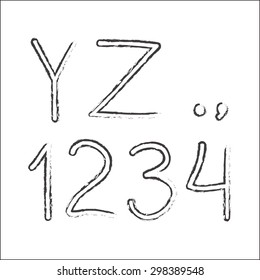 Alphabet. Hand drawn letters and numbers isolated on white background. Vector illustration.