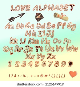 Alfabeto con letras lineales dibujadas a mano, transparente con elementos doodle, adecuado para el Día de San Valentín, para invitaciones.