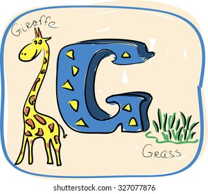 alphabet hand drawn with pictures and words. letter g. giraffe, grass