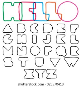 alphabet hand drawn with simple geometric shapes like triangles, circles and rectangles