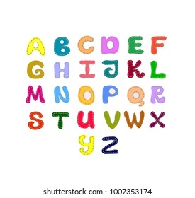 Alphabet hand drawn vector cartoon style.Colorful letters with stitching border.Childish font.