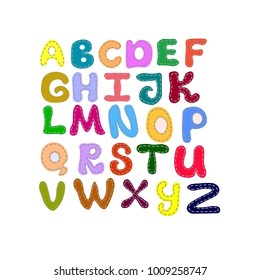 Alphabet hand drawn vector cartoon style. Colorful letters with stitching border.Childish font.