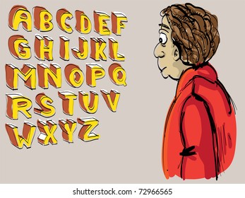 alphabet hand lettered with looking guy - illustration