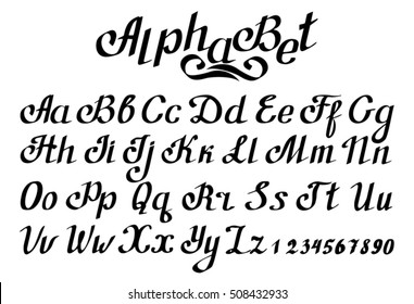 Alphabet, hand print, letters, numbers, calligraphy, lettering. Hand drawing. 
