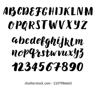 Alphabet, hand print, letters,symbols, numbers, calligraphy, lettering. Hand drawn brush style modern calligraphy cursive typeface. 